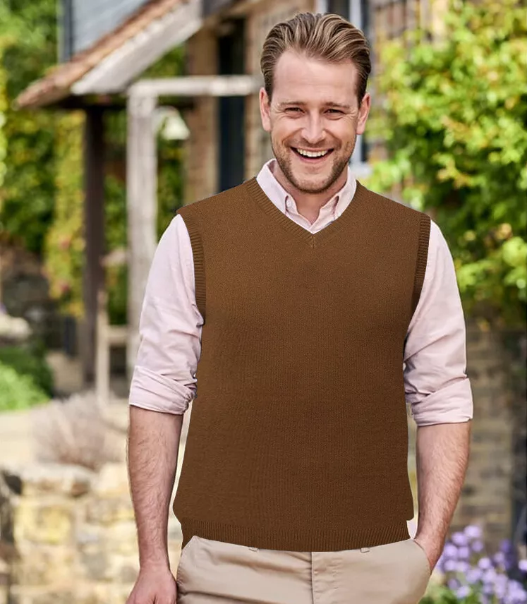 Mens V Neck Sleeveless Sweater Brown Jumper Tank Top Casual