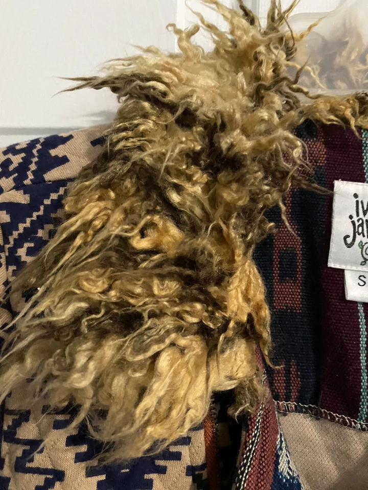 Chaqueta Ivy Jane Boho Bronceada Azul Marino Cremallera Frontal Cuello de Piel Sintética Geométrica S  Foto 3 de 4