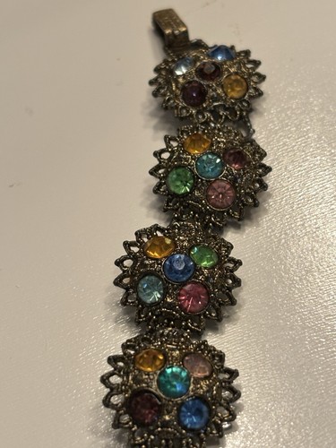 Pulsera De Colección Colorido Estrás Panel Tonificado Latón y Pendientes Domo NRT - Imagen 5 de 17