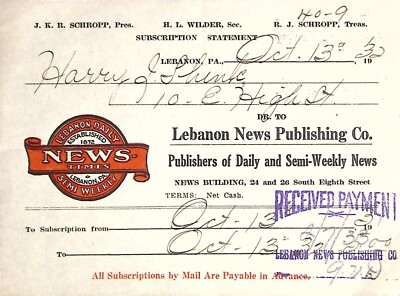 1932 Lebanon News Publishing Co. Subscription Receipt for Harry J. Shenk