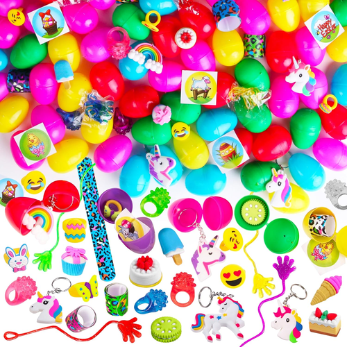 100pk Prefilled Easter Eggs with Toys Slap Bracelets Stickers Rings for Kids - Picture 3 of 8
