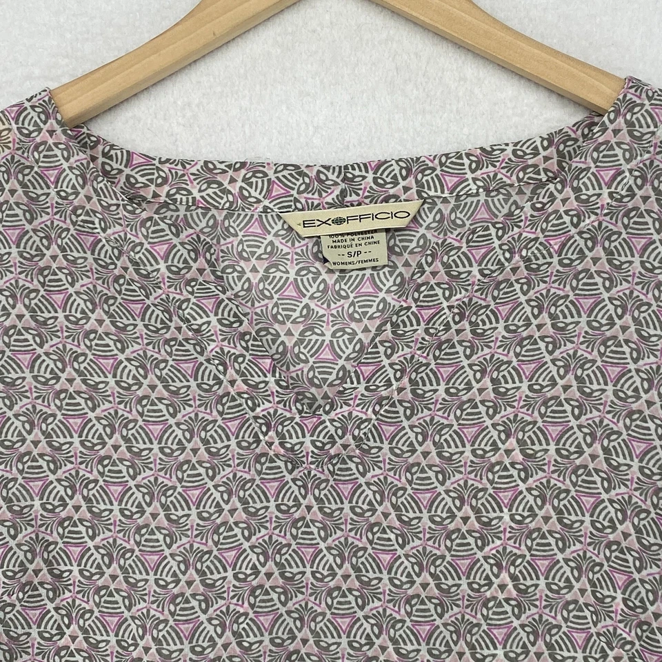 EXOFFICIO Blouse S Crinkle Chiffon Floral Button Cuffs 3/4 Sleeve Boho Purple - Image 3 of 4