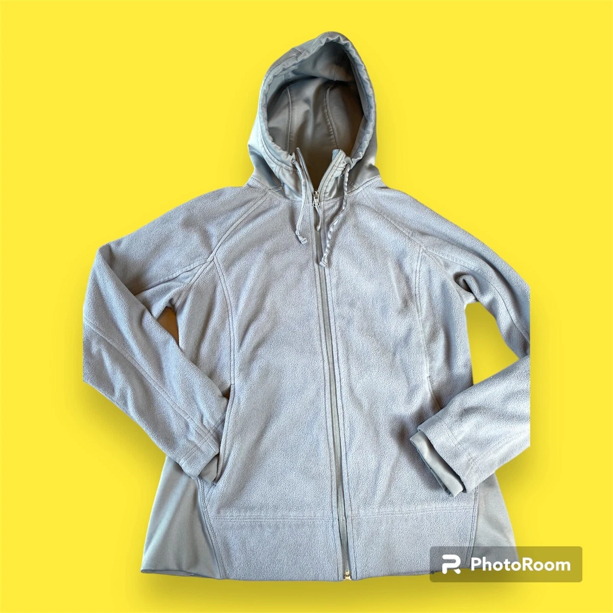 Columbia Womens Size L Fleece Hooded Jacket Full Zip Gray Thumb Holes Pockets