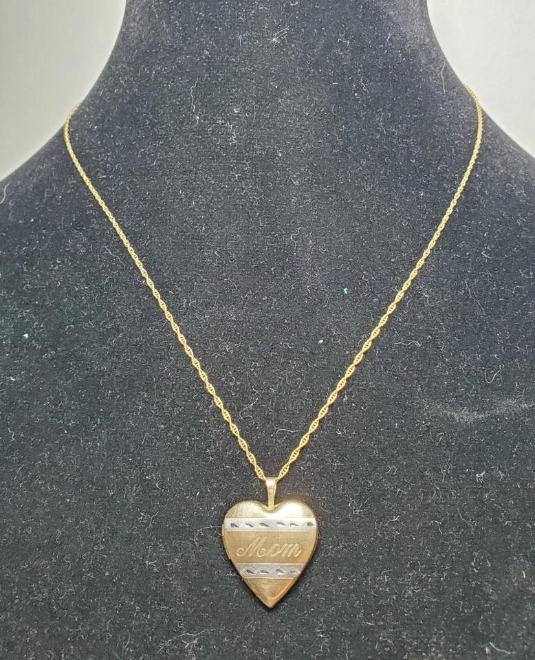 10k Two Tone Gold Heart "Mom" Locket Pendant W/ 18" 14k GF Necklace Mother's Day - Image 3 of 4