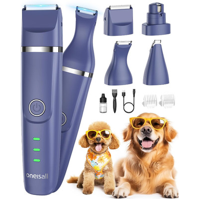 Schermaschine 4in1 Wiederaufladbar für Hund Katze mit 4 Schneidköpfen Blau