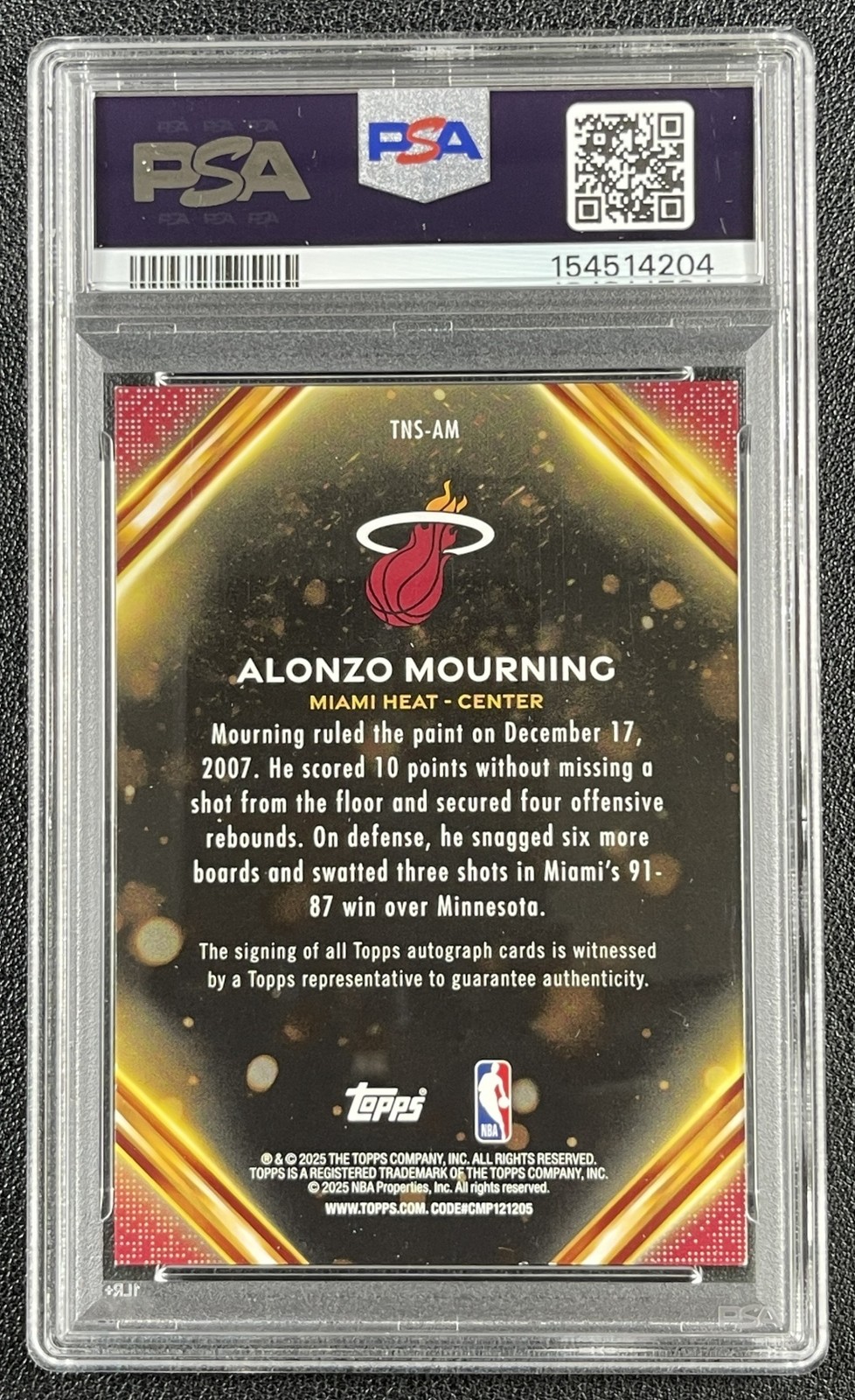 ALONZO MOURNING PSA 8 2025-26 TOPPS NOTCH AUTO ORANGE HOLO FOIL 25/25 view 2