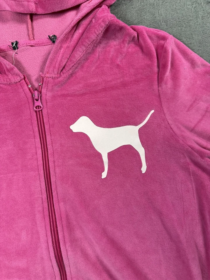 Victoria's Secret PINK Hoodie Womens Large Pink Velour Full Zip Dog 86 - Image 2 of 4