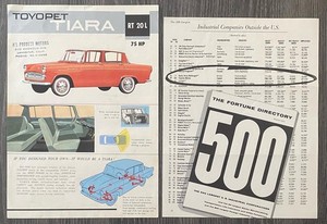 1961 Toyota Tiara dealer brochure + 1964 Toyota Fortune 500 reprint ad sheet