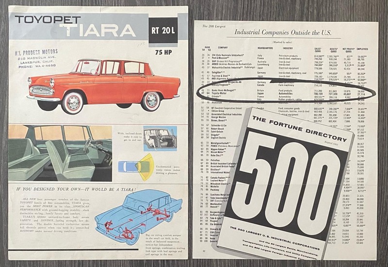 1961 Toyota Tiara dealer brochure + 1964 Toyota Fortune 500 reprint ad sheet