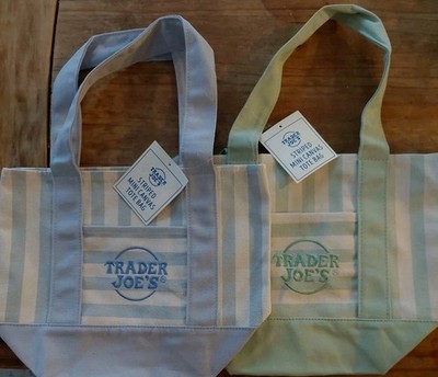 NEW Trader Joes Striped Mini Canvas Tote Bag |Green - Blue| Set of 2 