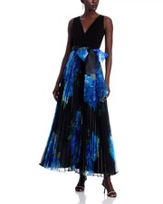 Eliza J Black Blue Pleated Sleeveless Floral Chiffon Gown Size 6 $298