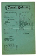 Capital Barbecue Restaurant Menu Columbus Ohio 1930's 