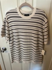 Lucky Brand Mens whit with black stripe short sleeve sweater with rounded collar