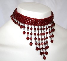 Vintage Ruby Red Glass Beaded Choker Bib Necklace J540
