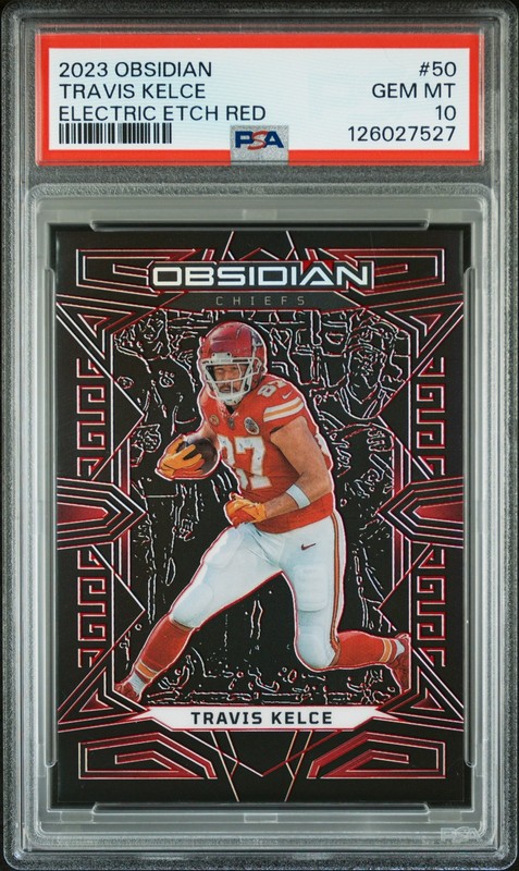 2023 PANINI OBSIDIAN ELECTRIC ETCH RED #50 TRAVIS KELCE 1/8 PSA 10