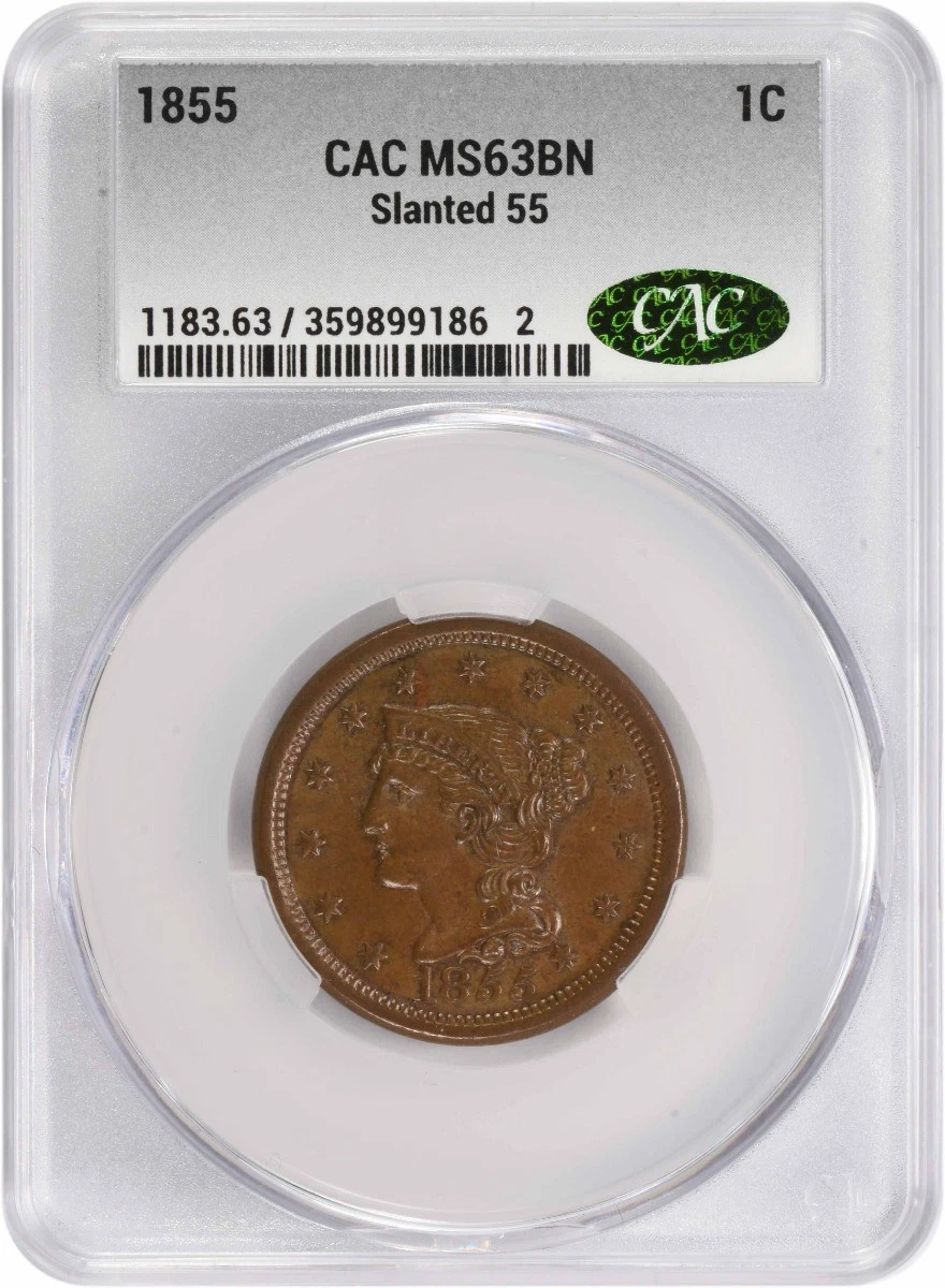 MS 63 Graded 1855 Year Braided Hair Large Cents (1839-1857) for