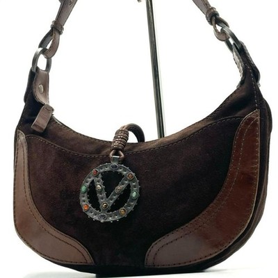 Valentino Garavani Suede One Shoulder Hobo Bag Dark Brown Logo Stone Small Auth