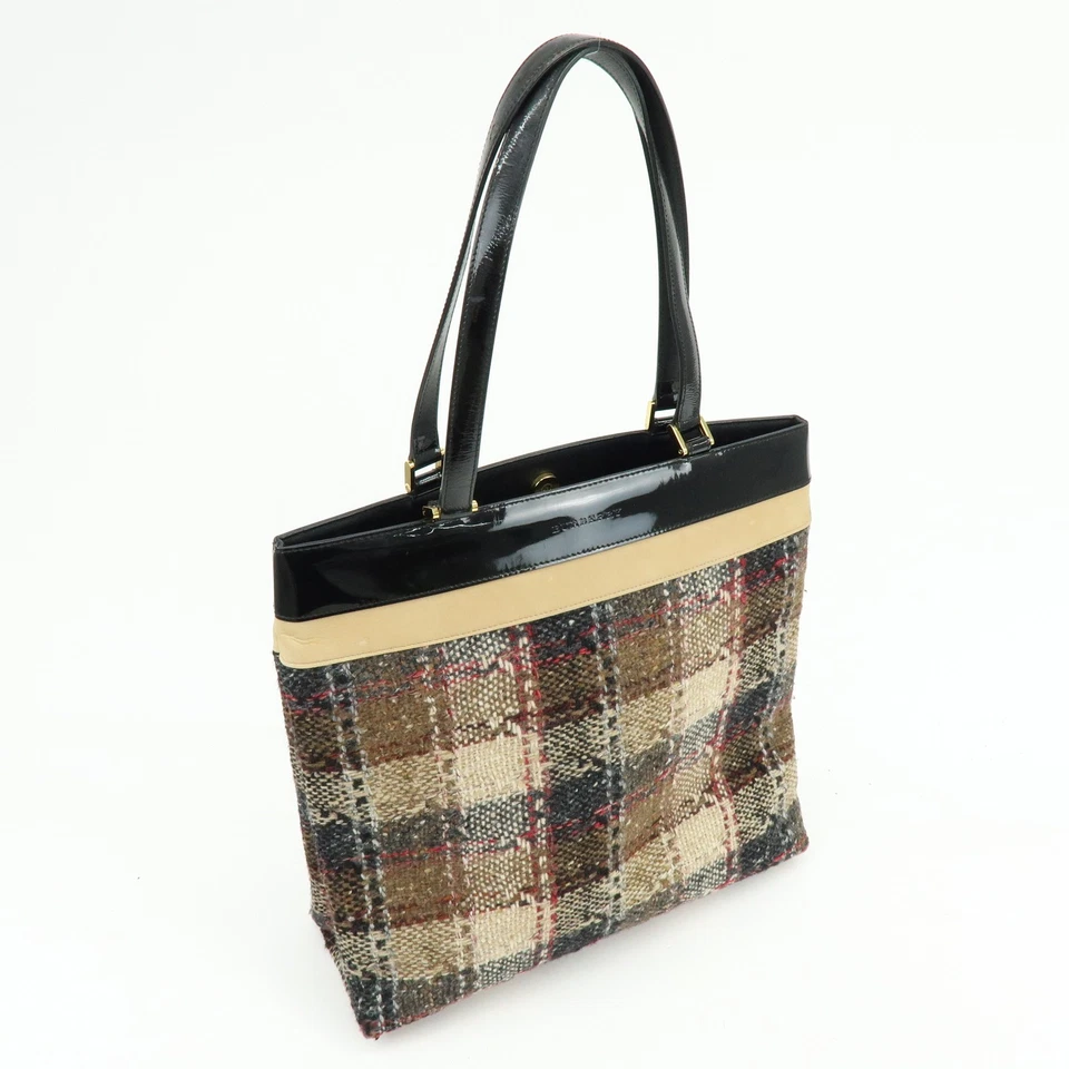 Bolsa tote BURBERRY tweed patend couro camurça bege preta autêntica usada F/S - Imagem 4 de 4