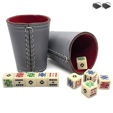 2 Sets Genuine Leather Compact Dice Cups Grey Red Poker Dice Ivory Tone