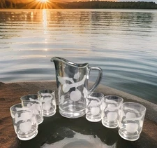 Juice Pitcher Etched Glass 32oz 7''T and 6 4oz Juice tumblers  Good Condition