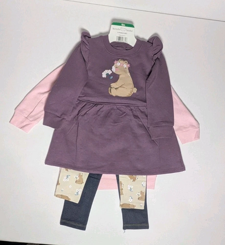 Koala New Kids Girls 4 Piece Set Purple Bear Pink Purple Sweaters Leggings 3T - Image 4 of 4