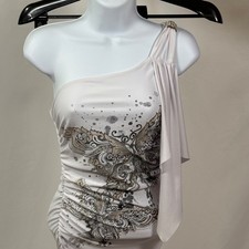 DeMore Womens Dress M White One Shoulder Ruched Rhinestone Bodycon Mini Y2K