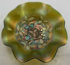 LOVELY VINTAGE CARNIVAL SIGNED NORTHWOOD GREEN THREE FRUITS MEDALLION DOMED BOWL