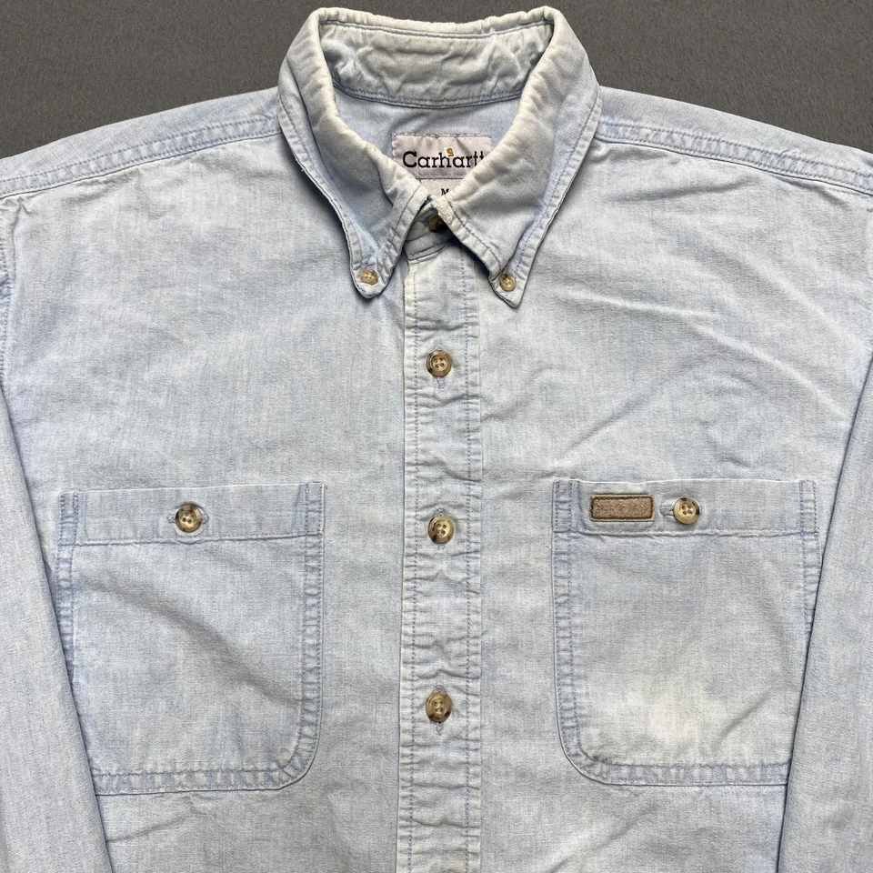 Camisa Carhartt Para Hombres Mediana Azul Claro Denim Botón Frontal Ropa de Trabajo Algodón Foto 2 de 4