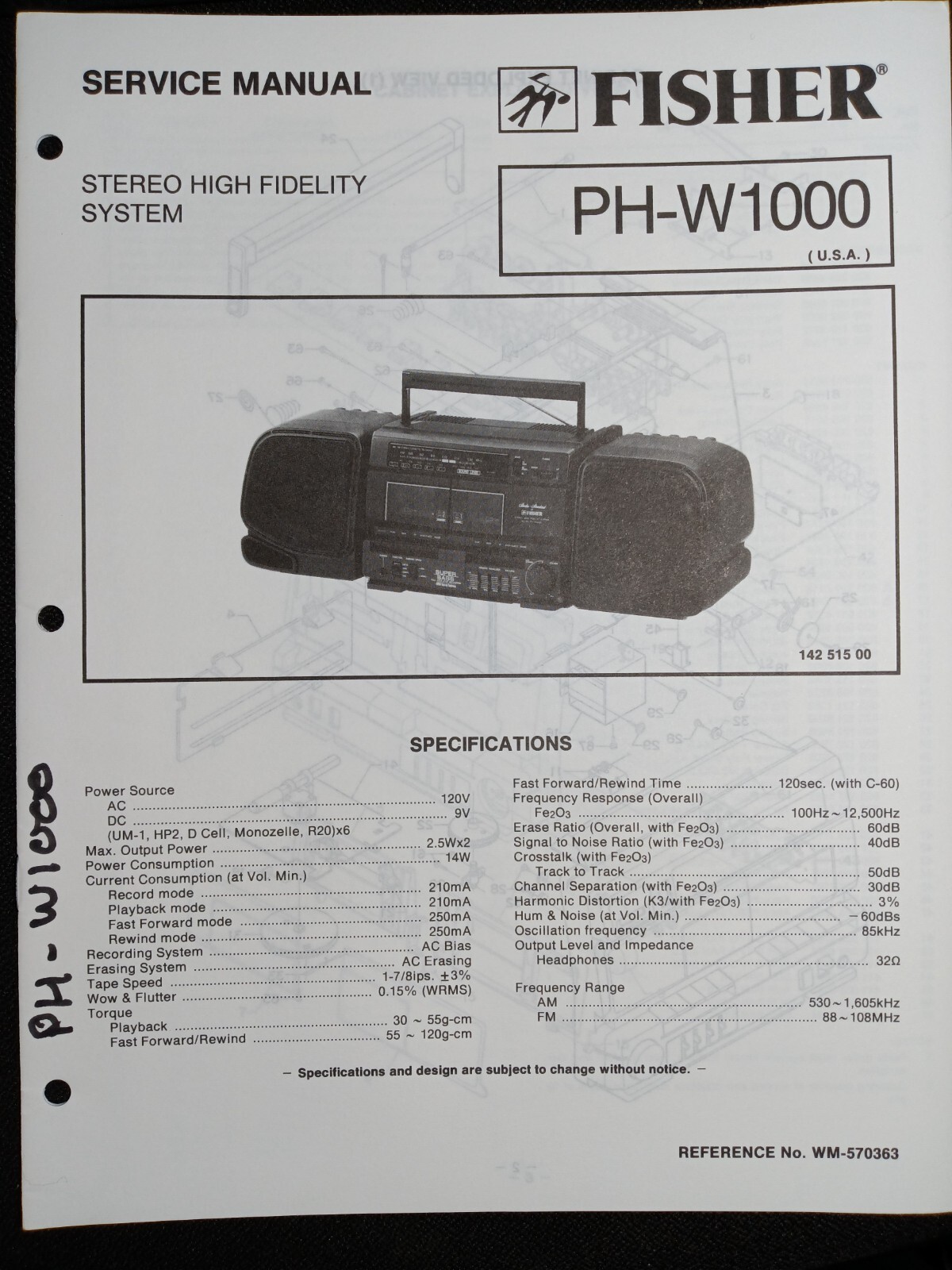 Fisher PH-W1000 Stereo Hi-Fi System Original Service Manual