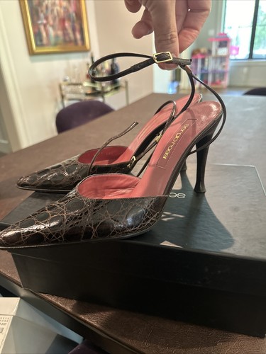 Vintage Sergio Rossi Leather Pumps EU 38.5 Sling Back Straps Buckle Brown W/box! - Picture 3 of 12