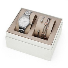 NEW FOSSIL 3 PC SET SILVER+ROSE GOLD TONE,CRYSTAL,MULTIFUNCTION WATCH-BQ3077SET