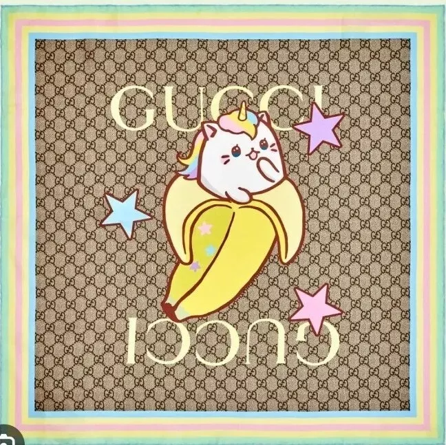 Foulard imprimé dessin animé Gucci Bananya GG Web Stars soie col 70 x 70 cm boîte d'étiquettes neuf