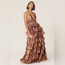 LoveShackFancy Bexlie Halter Dress Gown Pink Orchid Gold Maxi Formal, Size XS