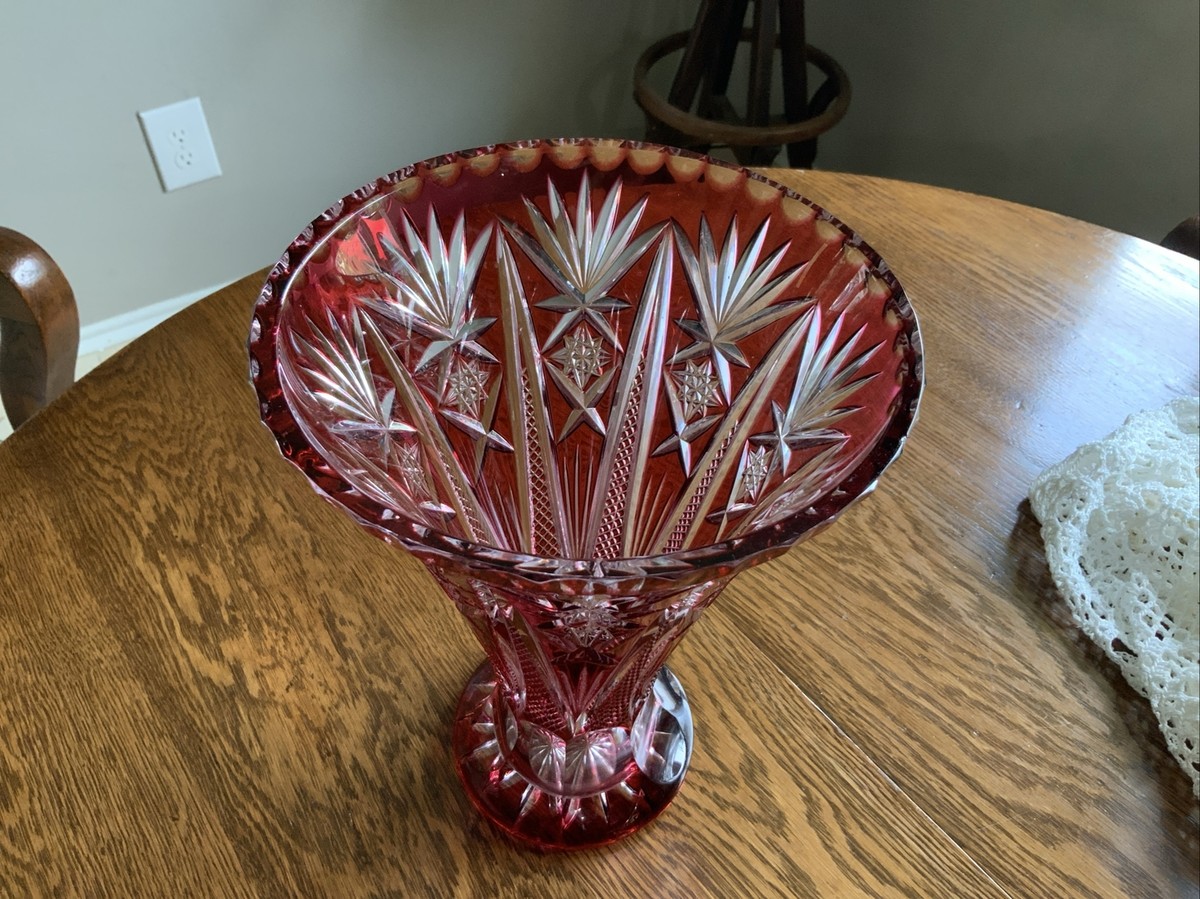 GERMAN BLEIKRISTALL CRANBERRY RED CUT/CLEAR 24% LEAD CRYSTAL VASE