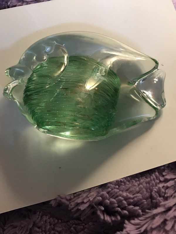 Paper Weight Art Glass Fish Figurine Murano Style Green Inside