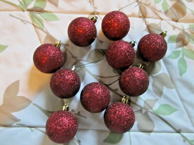 Set of 10 Red Shiny Glitter Round Christmas Ball Hanging Ornaments 2'' 