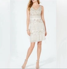 NWT Adrianna Papell Ivory Pearl Beaded Mesh Sleeveless Tiered A-Line Party Dress