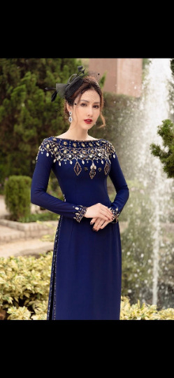 Navy Blue Ao Dai Vietnamese Chiffon Double Layer Beaded Long Dress