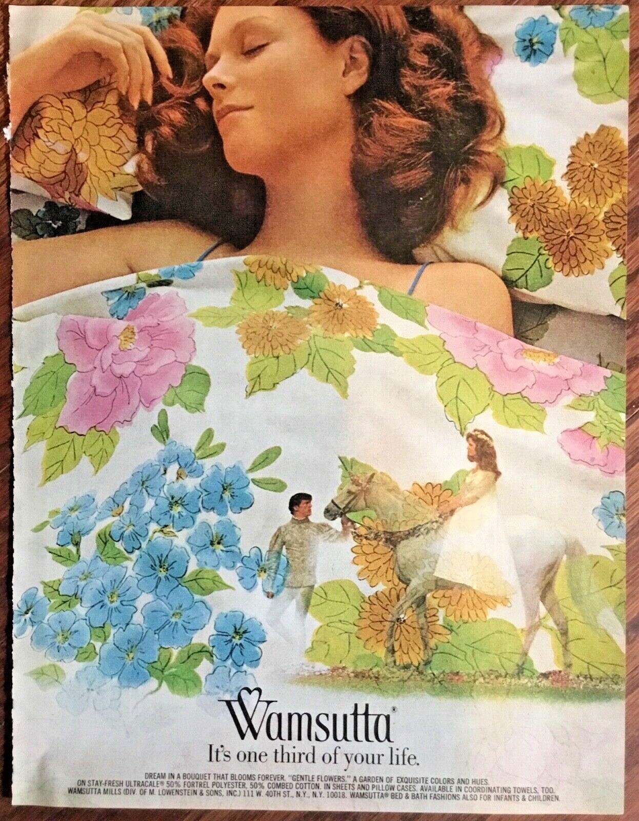 Wamsutta sheets ad 1973 orig vintage print 1970s retro decor home Gentle Flowers