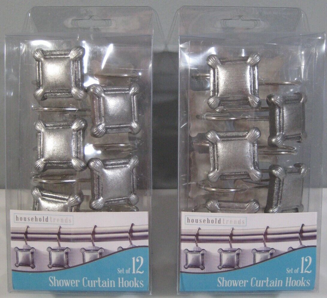 2 New Sets of 12 Bathroom Shower Curtain Hooks Square Decorative