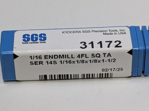 NEW SGS 31172 Square End Mill: 1/16" Dia 1/8" LOC 1/8" Shank 1-1/2" OAL 4 Flute - Picture 3 of 3