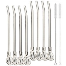 8pcs Silver Reusable 304 Stainless Steel Drinking Straws Spoon Washable Mate Tea