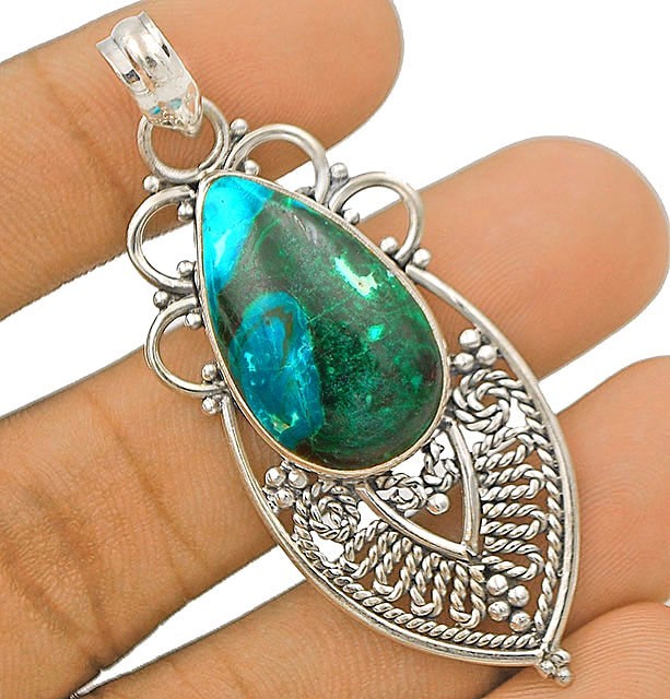 Natural Azurite in Chrysoprase 925 Solid Sterling Silver Pendant Jewelry