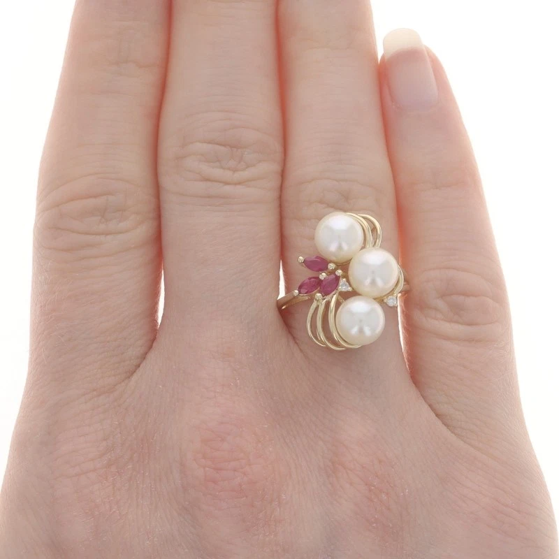 Yellow Gold Cultured Pearl Ruby Diamond Cluster Cocktail Ring - 14k .41ctw - Image 3 of 4