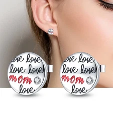 KUNSIR 925 Sterling Silver Love Mom Round Stud Earrings Mom Gifts Mother's Day