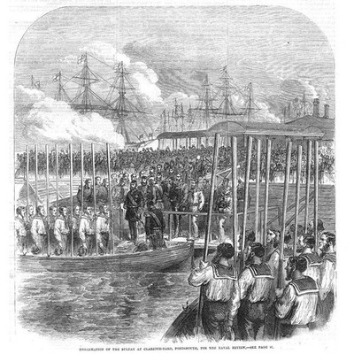 Einschiffung des Sultans der Türkei in Portsmouth - antiker Druck 1867