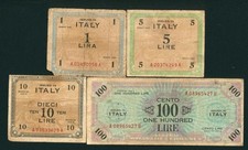 (( 4 NOTES )) 1943 1/ 5/ 10/ 100 Lire Italy Military Payment Certificate