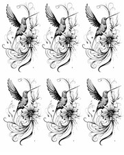 Hummingbird and Flower Black and White Tattoo Set of 3 Elegant Nature Temporary