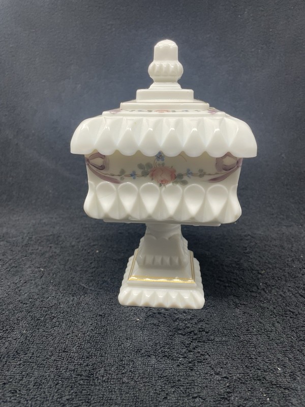 Westmorland Milk Glass Wedding Compote Hand Painted  8-1/2 “1