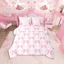7 Pieces Pink Bow Comforter Set Twin Size for Girls Kids Dreamy Princess Bow ...
